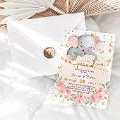 象の植物性赤面ピンクベビーガールシャワー 招待状