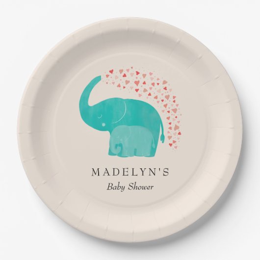 象の母親と子牛の赤ちゃんシャワー ペーパープレート (正面)