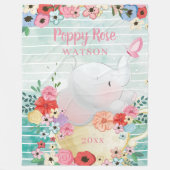 象の毛布(花あり) +名前をカスタムする フリースブランケット (正面)