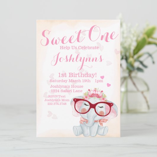 象の水彩甘い一女の子2nd誕生日 招待状 (スタンド正面)