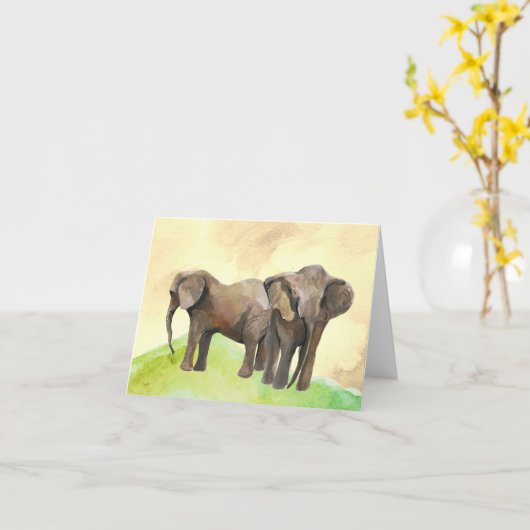 象の水彩画のブランクのメッセージカード カード (黄色い花)