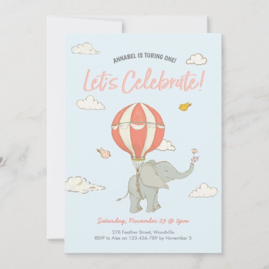 象の熱気の気球の誕生日の招待状 招待状 (正面)