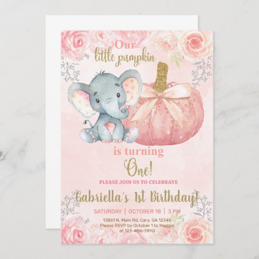 象の甘い小さなカボチャ1歳の誕生日招待状。 招待状 (正面/裏面)