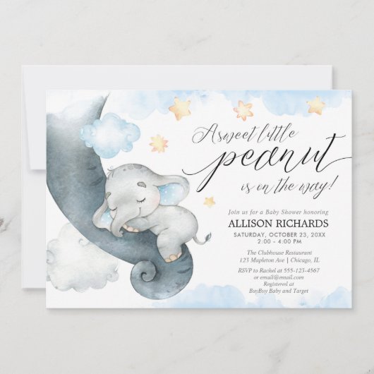 象の甘い小さなピーナッツかわいい男の子の赤ちゃんシャワー 招待状 (正面)