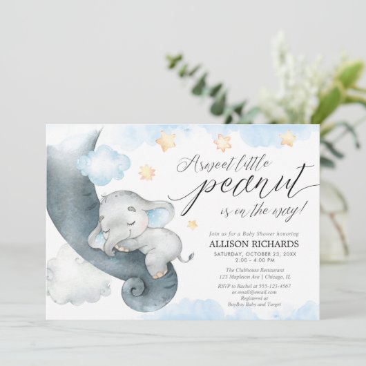 象の甘い小さなピーナッツかわいい男の子の赤ちゃんシャワー 招待状 (スタンド正面)