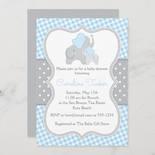 象の男の子のベビーシャワーの招待状の青および灰色 招待状 (正面/裏面)