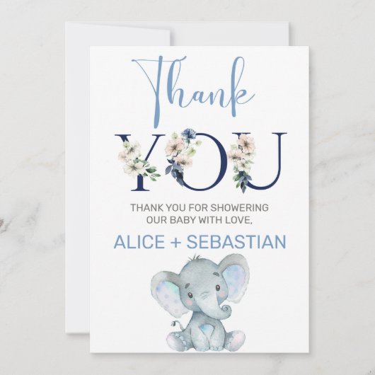 象の男の子の赤ちゃんシャワーサンキューカード。 招待状 (正面)