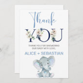 象の男の子の赤ちゃんシャワーサンキューカード。 招待状 (正面/裏面)