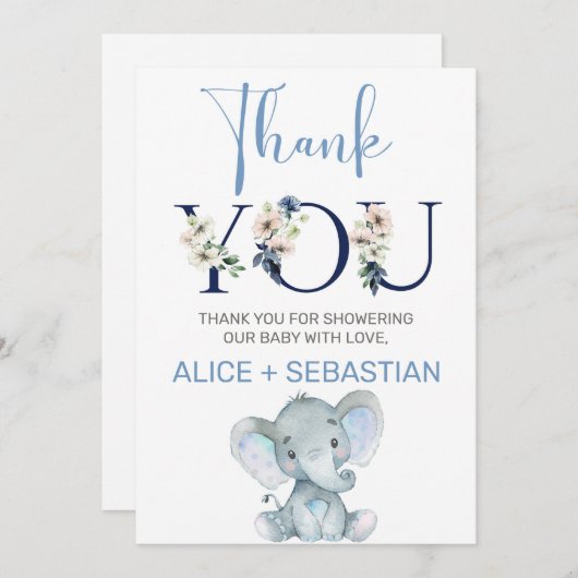 象の男の子の赤ちゃんシャワーサンキューカード。 招待状 (正面/裏面)