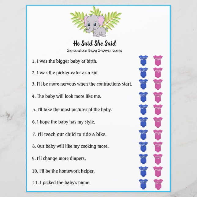 象の男の子の赤ん坊シャワー彼は彼女はゲームを言った (正面)