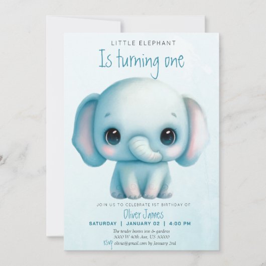 象の男の子1歳の誕生日 招待状 (正面)