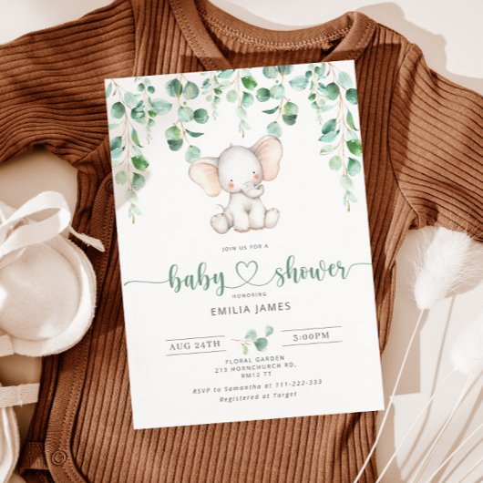象の男の赤ちゃんのシャワーの招待状。ユーカリ 招待状