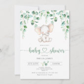 象の男の赤ちゃんのシャワーの招待状。ユーカリ 招待状 (正面)