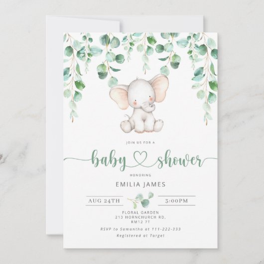 象の男の赤ちゃんのシャワーの招待状。ユーカリ 招待状 (正面)