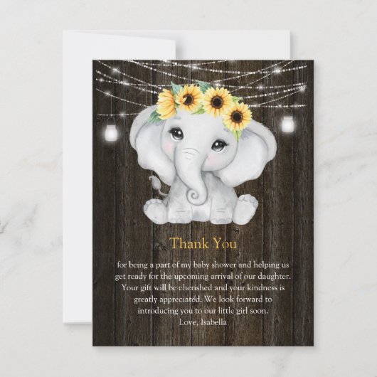 象の素朴ひまわりライト女の子の赤ちゃんシャワー 招待状 (正面)