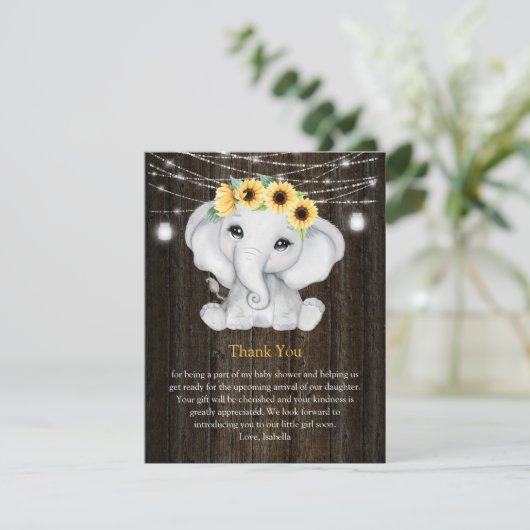 象の素朴ひまわりライト女の子の赤ちゃんシャワー 招待状 (スタンド正面)