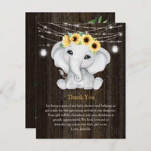 象の素朴ひまわりライト女の子の赤ちゃんシャワー 招待状 (正面/裏面)