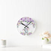 象の紫色の花柄の子供の子供部屋の寝室の装飾 ラウンド壁時計 (ホーム)