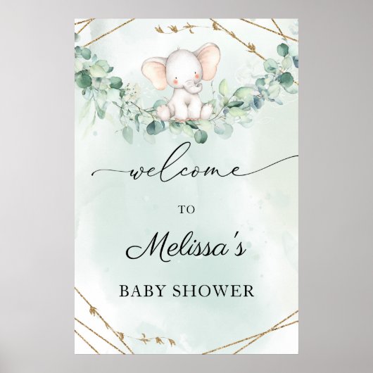 象の緑の葉の赤ちゃんシャワー歓迎サイン ポスター (正面)