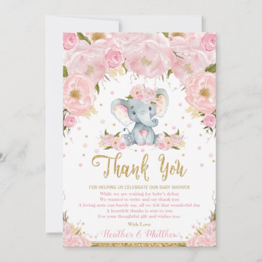 象の花のベビーシャワー感謝カード 女の子 招待状 (正面)