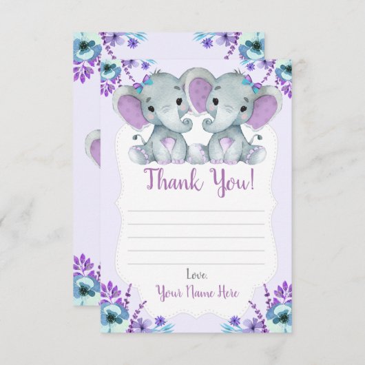 象の花を持つ双子の女の子サンキューカード エンクロージャーカード (正面/裏面)