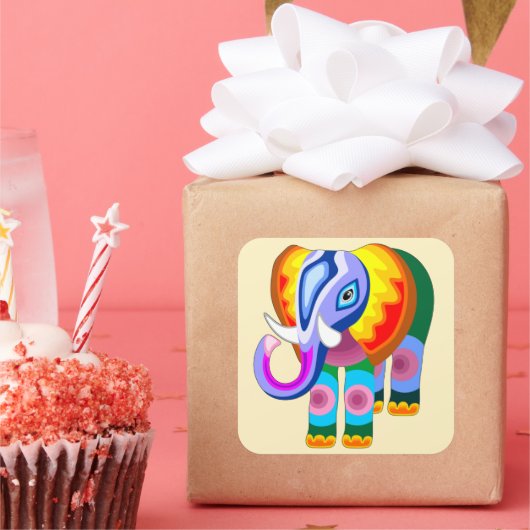 象の虹の色パッチワーク スクエアシール (パーティー)