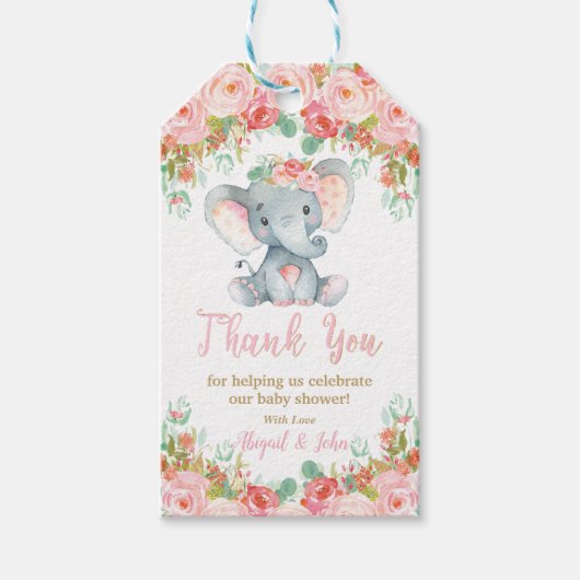 象の赤ちゃんシャワーありがとうベビーガール ギフトタグ (正面)