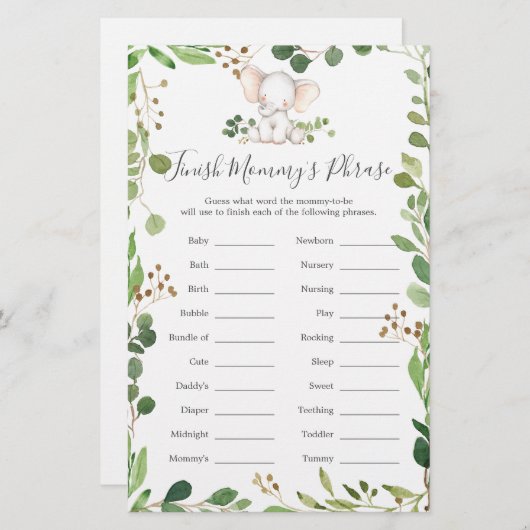 象の赤ちゃんシャワーがママのフレーズを終える (正面/裏面)