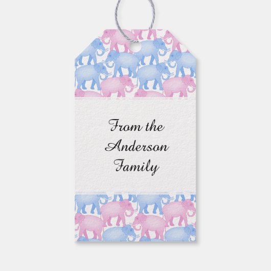 象の赤ちゃんシャワーまたはジェンダーの表示 ギフトタグ (裏面)
