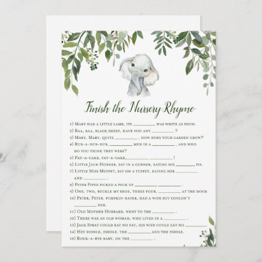 象の赤ちゃんシャワーゲーム5x7サイズに応答 招待状 (正面/裏面)