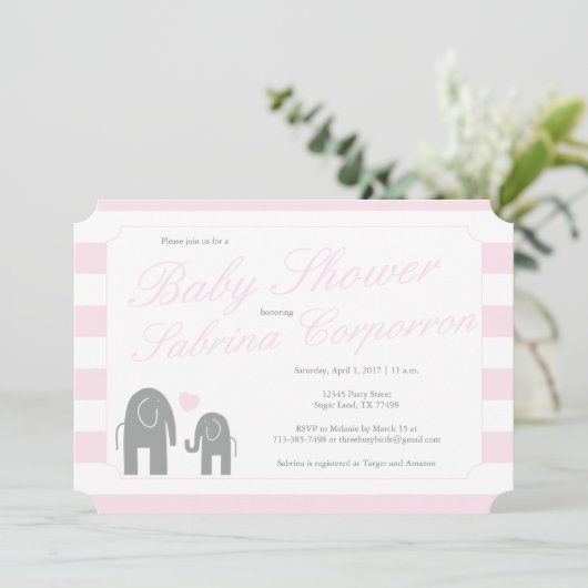象の赤ちゃんシャワーストライプ付き – ライトピンク 招待状 (スタンド正面)