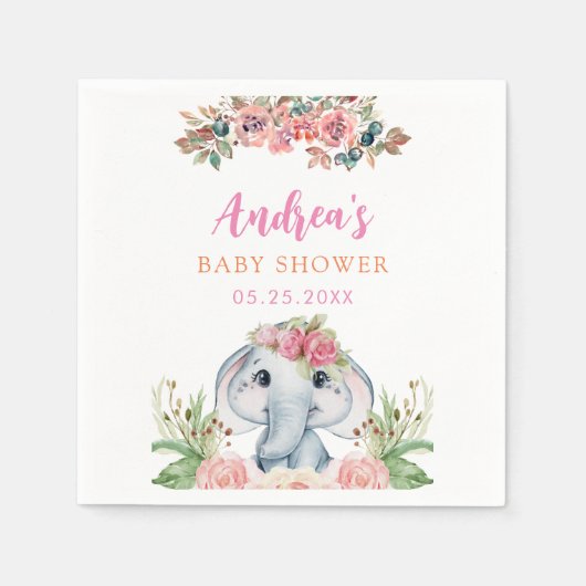 象の赤ちゃんシャワーピンクの花のナプキン スタンダードカクテルナプキン (正面)