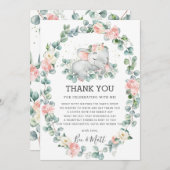 象の赤ちゃんシャワーピンクフローラ緑の女の子 サンキューカード (正面/裏面)