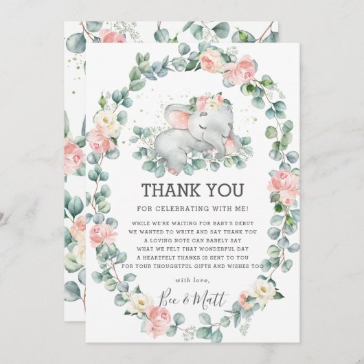 象の赤ちゃんシャワーピンクフローラ緑の女の子 サンキューカード