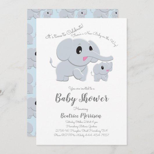 象の赤ちゃんシャワーブルーボーイ 招待状 (正面/裏面)