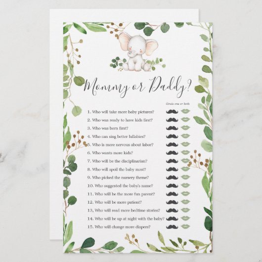 象の赤ちゃんシャワーママまたはパパのゲーム (正面/裏面)