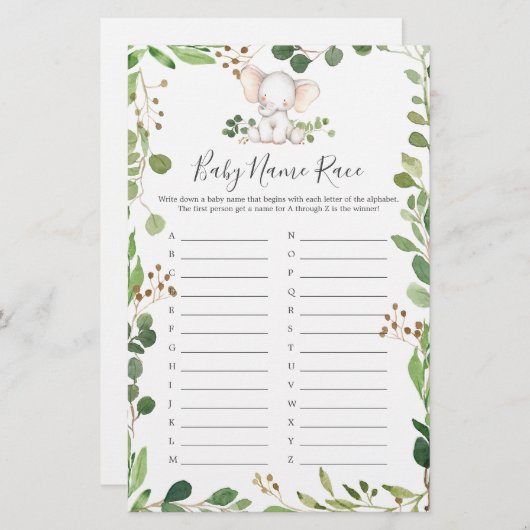 象の赤ちゃんシャワー名レースゲーム (正面/裏面)