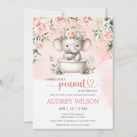 象の赤ちゃんシャワー小さなピーナッツを途中で 招待状 (正面)
