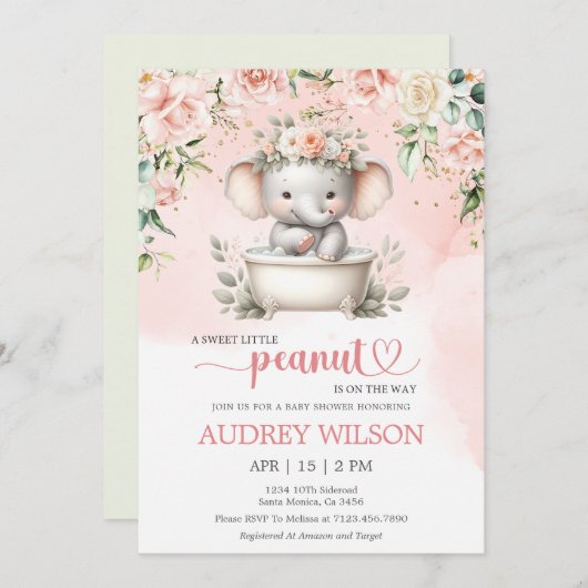 象の赤ちゃんシャワー小さなピーナッツを途中で 招待状 (正面/裏面)