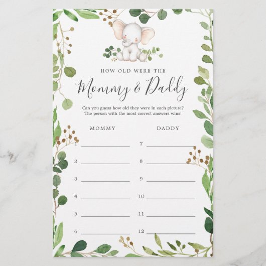 象の赤ちゃんシャワー彼らはゲームカードを何歳だった (正面)