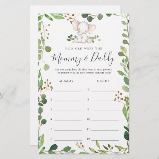 象の赤ちゃんシャワー彼らはゲームカードを何歳だった (正面/裏面)