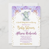 象の赤ちゃんシャワー招待女の紫の金ゴールド 招待状 (正面)