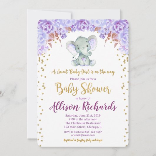 象の赤ちゃんシャワー招待女の紫の金ゴールド 招待状 (正面)