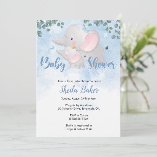 象の赤ちゃんシャワー招待少年、青い象 招待状 (スタンド正面)