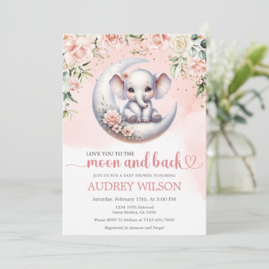 象の赤ちゃんシャワー月と背中にあなたを愛する 招待状 (スタンド正面)