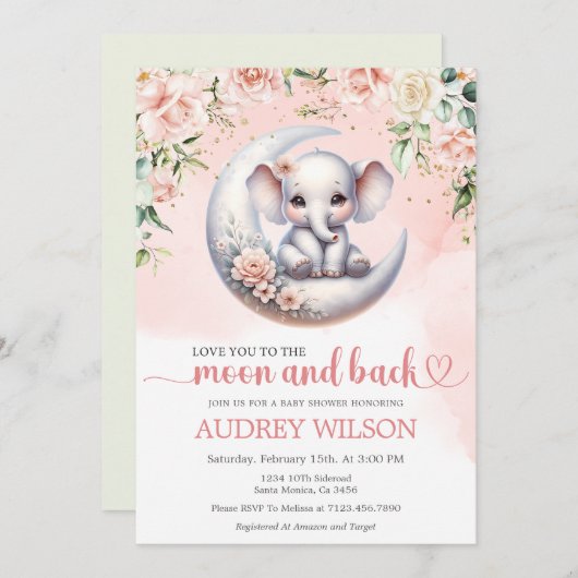象の赤ちゃんシャワー月と背中にあなたを愛する 招待状 (正面/裏面)