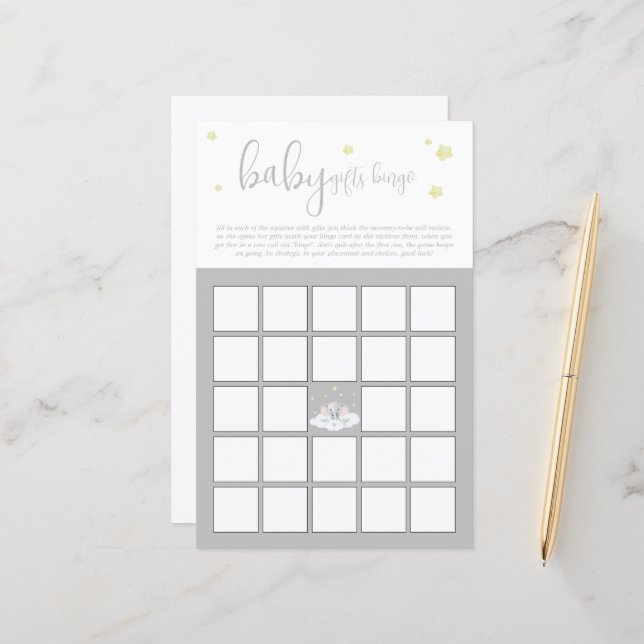 象の赤ちゃんシャワー淡い灰色のベビービンゴゲーム (正面/裏面インサイチュ)