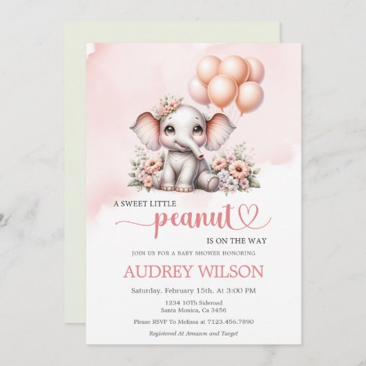 象の赤ちゃんシャワー甘い小さなピーナッツ 招待状 (正面/裏面)