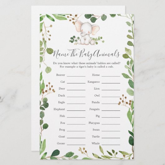 象の赤ちゃんシャワー赤ちゃん動物の名前 (正面/裏面)