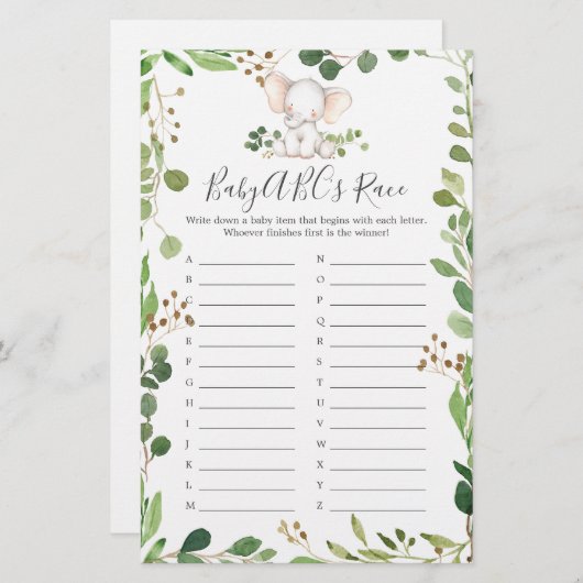 象の赤ちゃんシャワーABCのレースゲーム (正面/裏面)